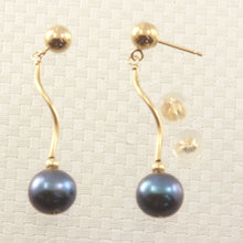 Load image into Gallery viewer, 14K Yellow Gold Spiral Tube Gray Pearl Dangle Stud Earrings (8–8.5mm)