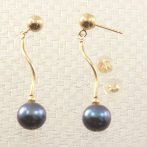 14K Yellow Gold Spiral Tube Gray Pearl Dangle Stud Earrings (8–8.5mm)