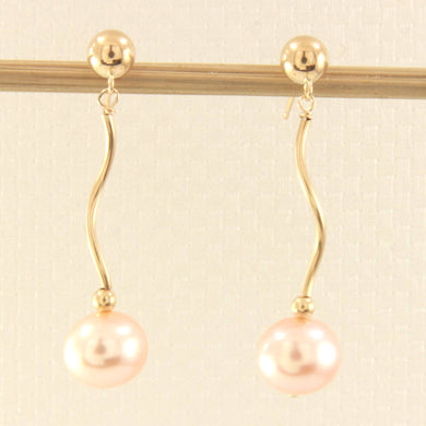 14K Yellow Gold Spiral Tube Pink Pearl Dangle Stud Earrings (8–8.5mm)