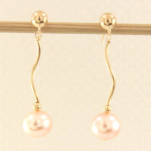 14K Yellow Gold Spiral Tube Pink Pearl Dangle Stud Earrings (8–8.5mm)