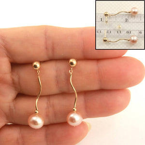 14K Yellow Gold Spiral Tube Pink Pearl Dangle Stud Earrings (8–8.5mm)