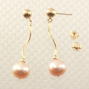14K Yellow Gold Spiral Tube Pink Pearl Dangle Stud Earrings (8–8.5mm)