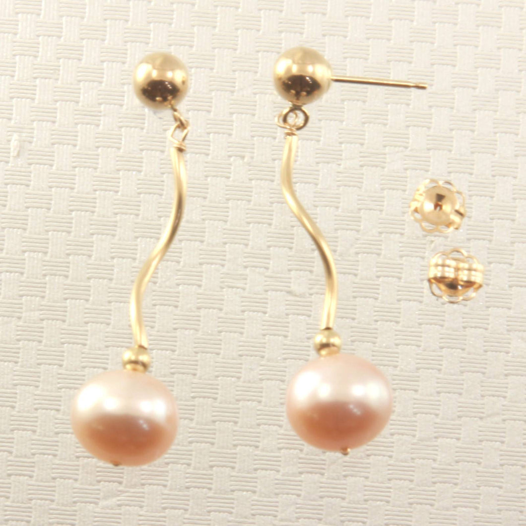14K Yellow Gold Spiral Tube Pink Pearl Dangle Stud Earrings (8–8.5mm)