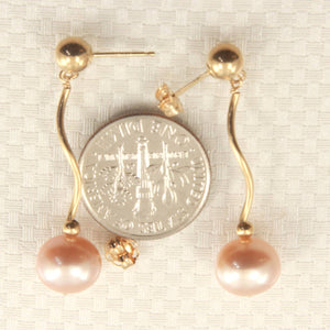 14K Yellow Gold Spiral Tube Pink Pearl Dangle Stud Earrings (8–8.5mm)