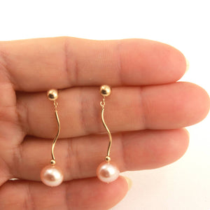 14K Yellow Gold Spiral Tube Pink Pearl Dangle Stud Earrings (8–8.5mm)