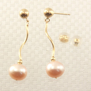14K Yellow Gold Spiral Tube Pink Pearl Dangle Stud Earrings (8–8.5mm)