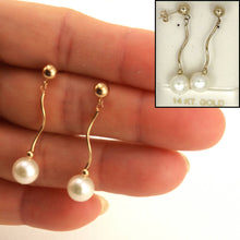 Load image into Gallery viewer, 14K Yellow Gold Spiral Tube White Cream Pearl Dangle Stud Earrings (8–8.5mm)