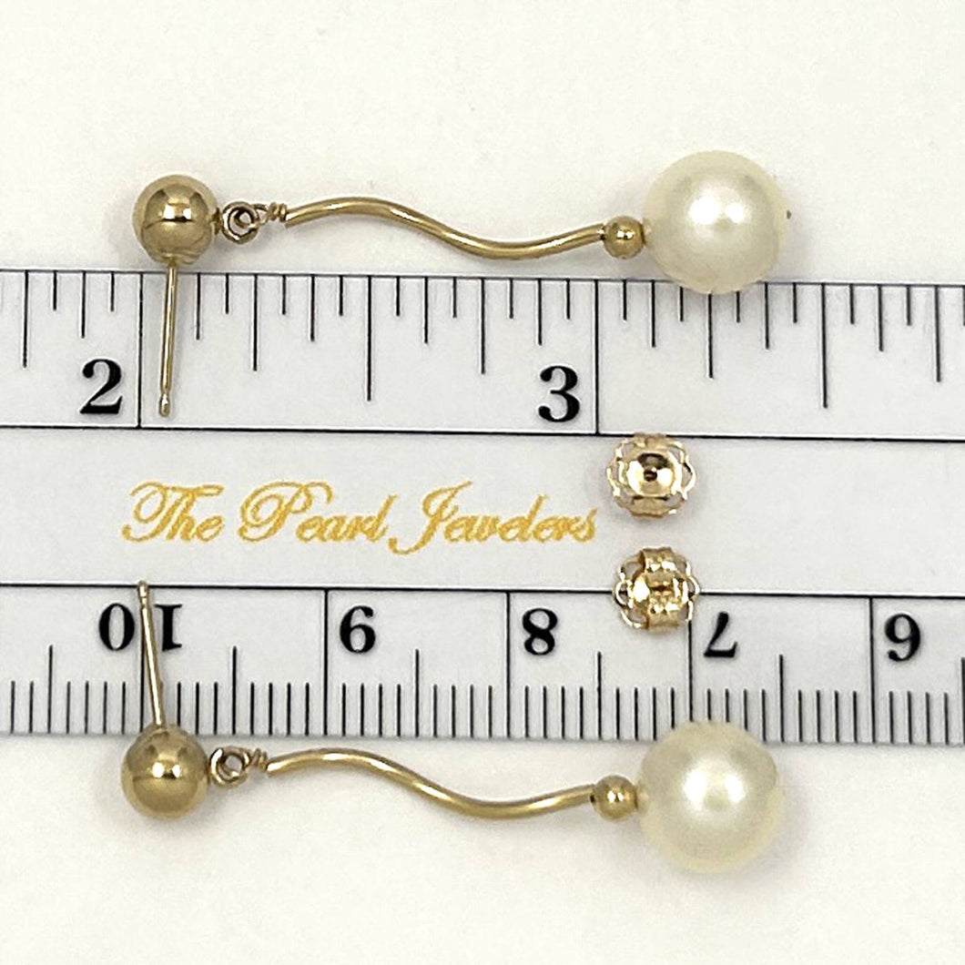 14K Yellow Gold Spiral Tube White Cream Pearl Dangle Stud Earrings (8–8.5mm)