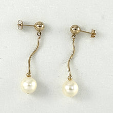 Load image into Gallery viewer, 14K Yellow Gold Spiral Tube White Cream Pearl Dangle Stud Earrings (8–8.5mm)