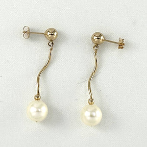 14K Yellow Gold Spiral Tube White Cream Pearl Dangle Stud Earrings (8–8.5mm)