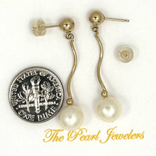 Load image into Gallery viewer, 14K Yellow Gold Spiral Tube White Cream Pearl Dangle Stud Earrings (8–8.5mm)