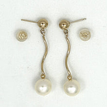 Load image into Gallery viewer, 14K Yellow Gold Spiral Tube White Cream Pearl Dangle Stud Earrings (8–8.5mm)