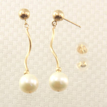 Load image into Gallery viewer, 14K Yellow Gold Spiral Tube White Cream Pearl Dangle Stud Earrings (8–8.5mm)