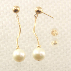 14K Yellow Gold Spiral Tube White Cream Pearl Dangle Stud Earrings (8–8.5mm)