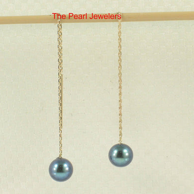 14K Yellow Gold Black Pearl Threader Chain Earrings