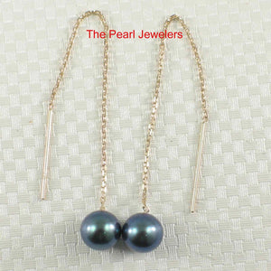 14K Yellow Gold Black Pearl Threader Chain Earrings