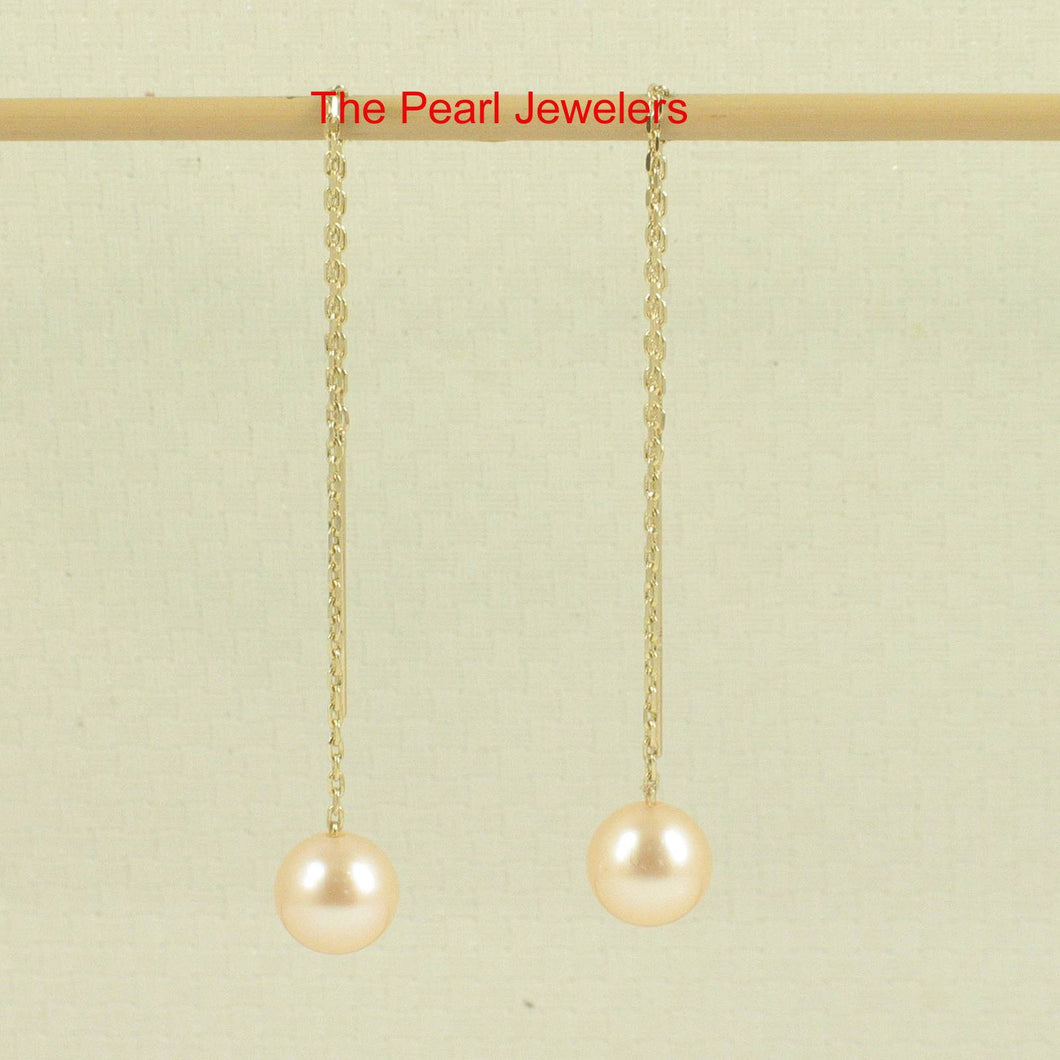 14K Yellow Gold Peach Pearl Threader Chain Earrings
