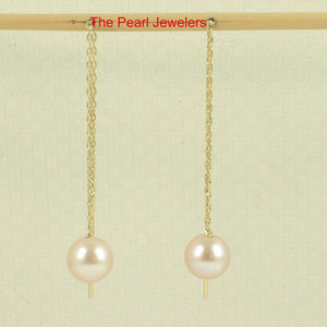 14K Yellow Gold Pink Pearl Threader Chain Earrings