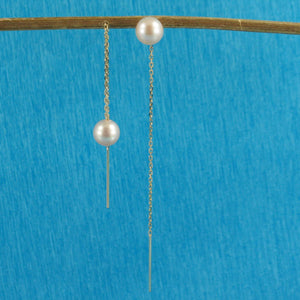 14K Yellow Gold Pink Pearl Threader Chain Earrings