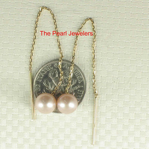 14K Yellow Gold Pink Pearl Threader Chain Earrings