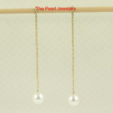 14K Yellow Gold White Pearl Threader Chain Earrings