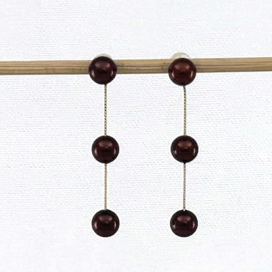 14K Yellow Gold Box Tin-Cup Chocolate Pearl Dangle Earrings (6-Pearl Design)