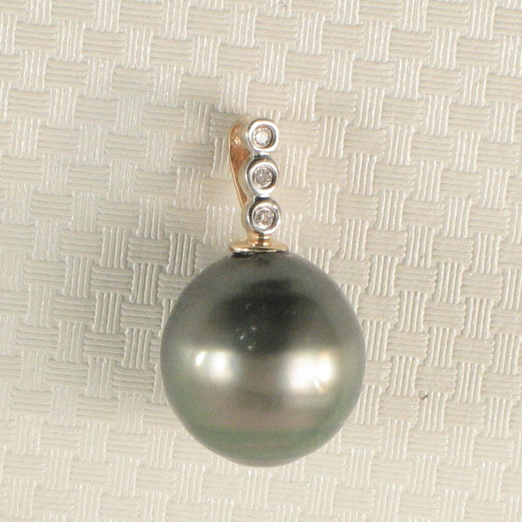 14k Yellow Gold Triple-Diamond Bale & Black Tahitian Pearl Pendant