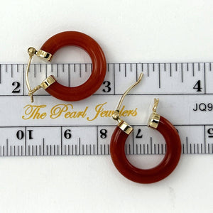 14K Yellow Gold Tube Ring Red Jade Hook Earrings