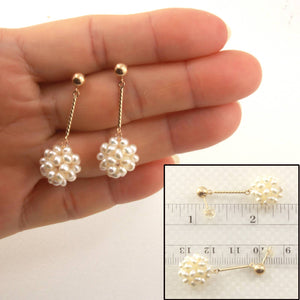 14K Yellow Gold White Pearl Ball Dangle Tube Earrings (12mm Drop)