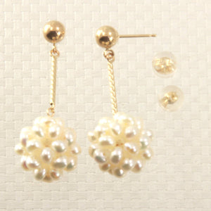 14K Yellow Gold White Pearl Ball Dangle Tube Earrings (12mm Drop)