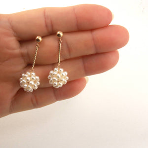 14K Yellow Gold White Pearl Ball Dangle Tube Earrings (12mm Drop)