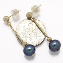 Load image into Gallery viewer, 14K Yellow Gold Twist Tube Tin-Cup Black Pearl Dangle Earrings