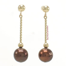 Load image into Gallery viewer, 14K Yellow Gold Twist Tube Tin-Cup Chocolate Pearl Dangle Earrings