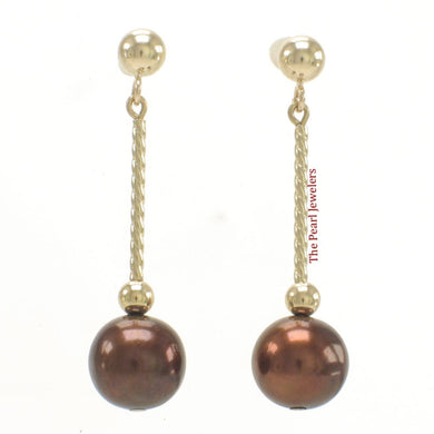 14K Yellow Gold Twist Tube Tin-Cup Chocolate Pearl Dangle Earrings