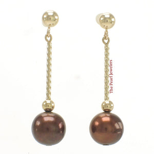 14K Yellow Gold Twist Tube Tin-Cup Chocolate Pearl Dangle Earrings
