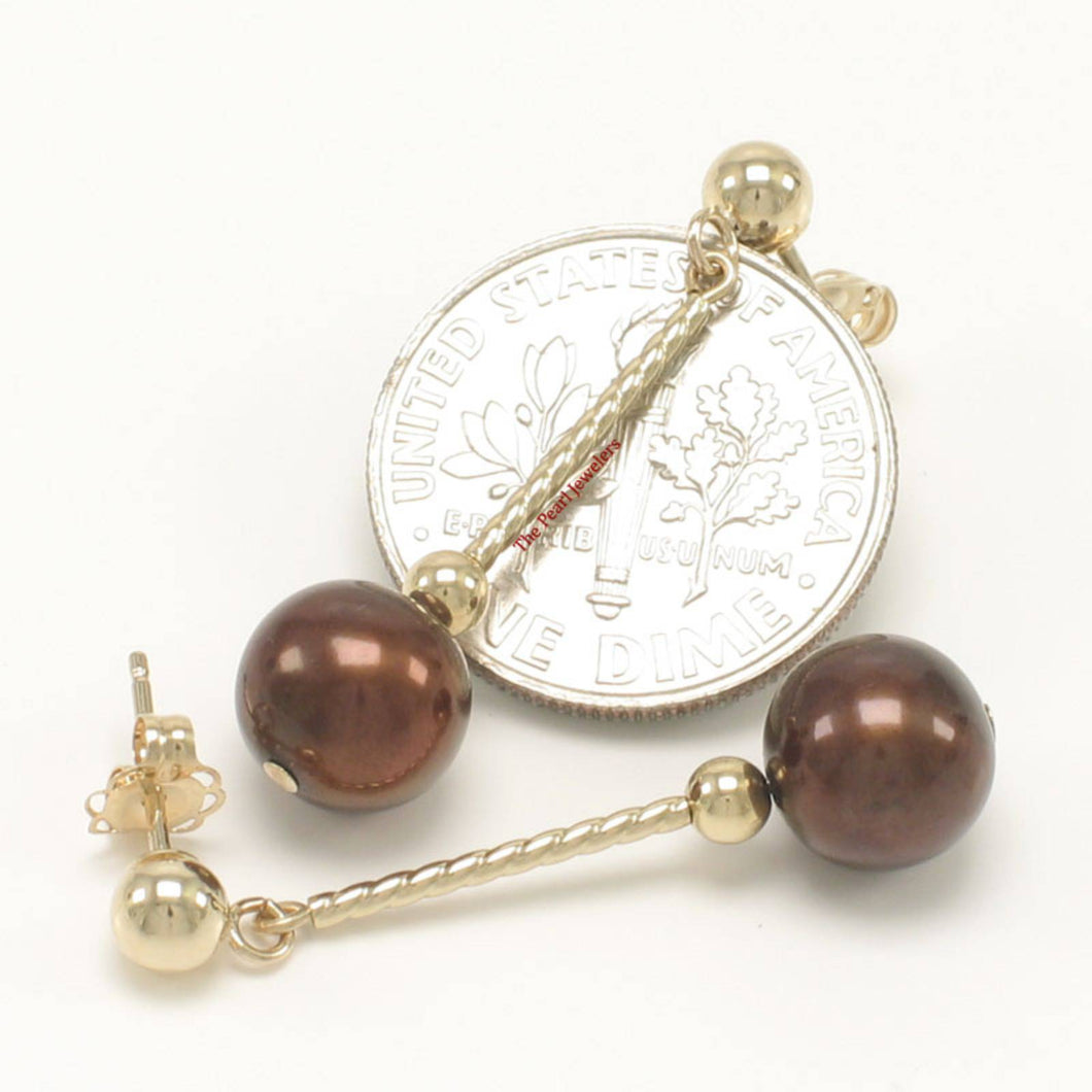 14K Yellow Gold Twist Tube Tin-Cup Chocolate Pearl Dangle Earrings