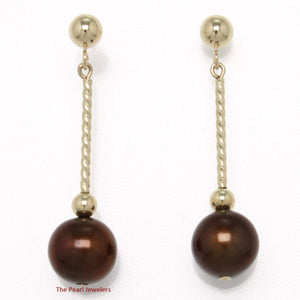 14K Yellow Gold Twist Tube Tin-Cup Chocolate Pearl Dangle Earrings