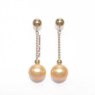 14K Yellow Gold Twist Tube Tin-Cup Golden Pearl Dangle Earrings