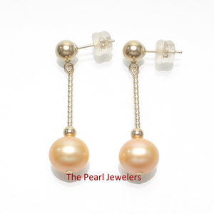 14K Yellow Gold Twist Tube Tin-Cup Golden Pearl Dangle Earrings