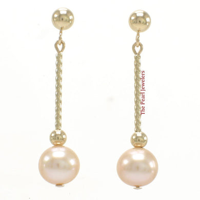 14K Yellow Gold Twist Tube Tin-Cup Peach Pearl Dangle Earrings