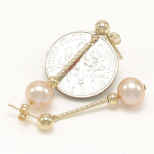 14K Yellow Gold Twist Tube Tin-Cup Peach Pearl Dangle Earrings