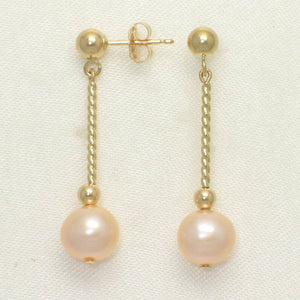 14K Yellow Gold Twist Tube Tin-Cup Peach Pearl Dangle Earrings