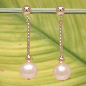 14K Yellow Gold Twist Tube Tin-Cup Peach Pearl Dangle Earrings