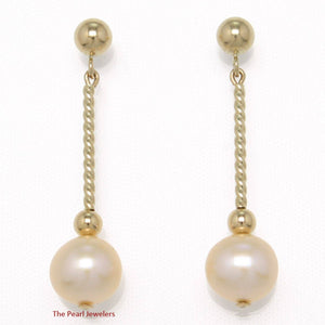 14K Yellow Gold Twist Tube Tin-Cup Peach Pearl Dangle Earrings