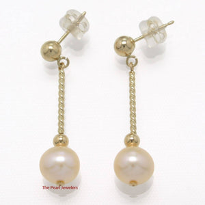 14K Yellow Gold Twist Tube Tin-Cup Peach Pearl Dangle Earrings