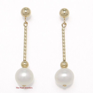 14K Yellow Gold Twist Tube Tin-Cup White Pearl Dangle Earrings