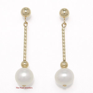 14K Yellow Gold Twist Tube Tin-Cup White Pearl Dangle Earrings