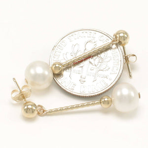 14K Yellow Gold Twist Tube Tin-Cup White Pearl Dangle Earrings