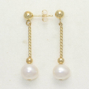 14K Yellow Gold Twist Tube Tin-Cup White Pearl Dangle Earrings