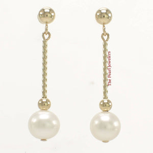 14K Yellow Gold Twist Tube Tin-Cup White Pearl Dangle Earrings